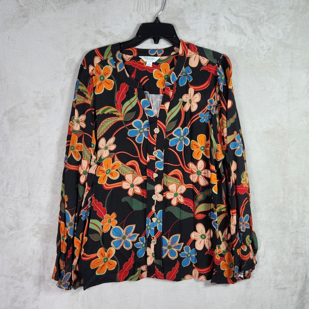 Tru Luxe Jeans Floral Blouse Womens Large Multi Color Rayon Boho Office Career